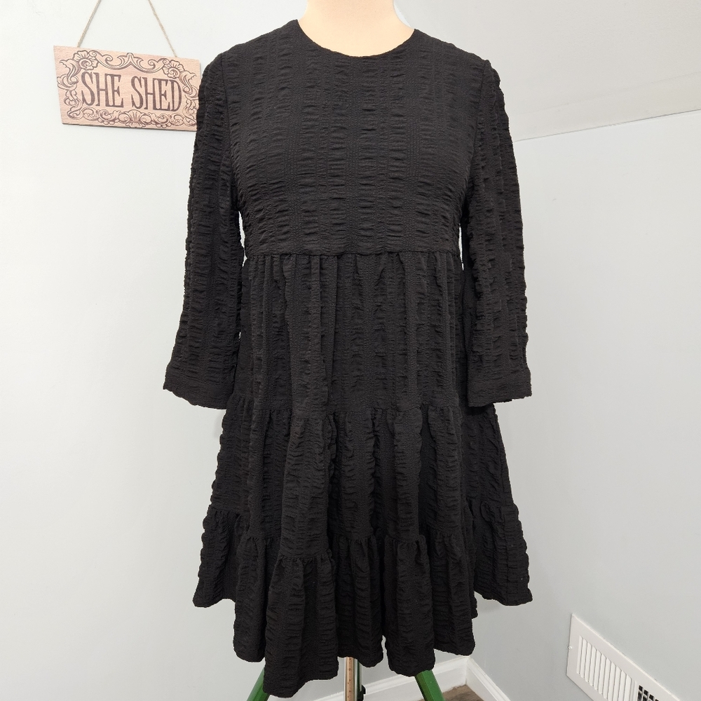 ZARA Black Textured Tiered Sharon Dress Long Sleeve Womens Small Gothcore Witchy - Picture 2 of 13